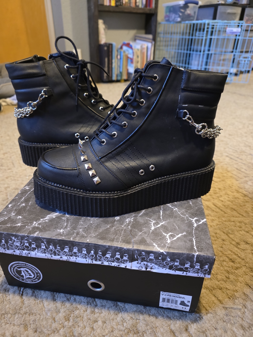 Demonia Black Lace-Up Platform Ankle Boots with Chain & Studs